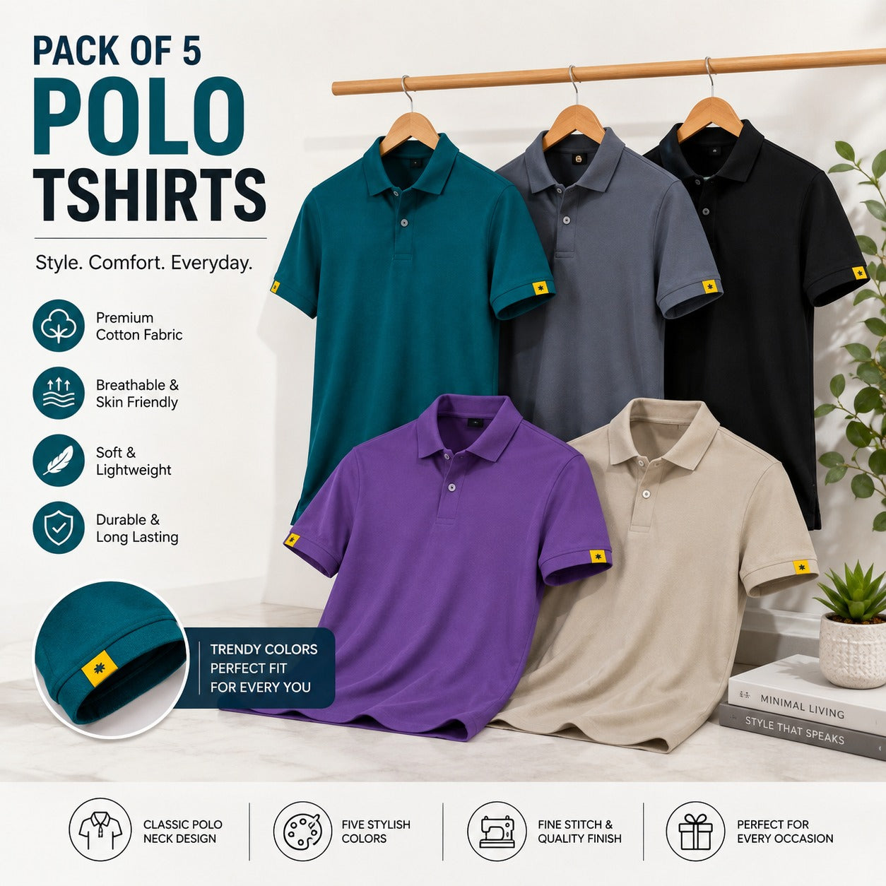 👕 NEW Plain Polo T-Shirt – Genuine Cotton Fabric (Pack of 5)