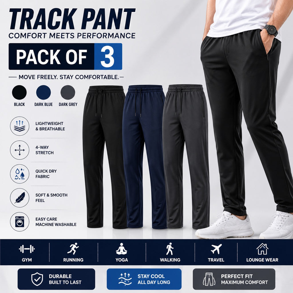 Pack of 3 Offer 😍 Premium Lycra Men's Track Pants | Black, Blue & Grey