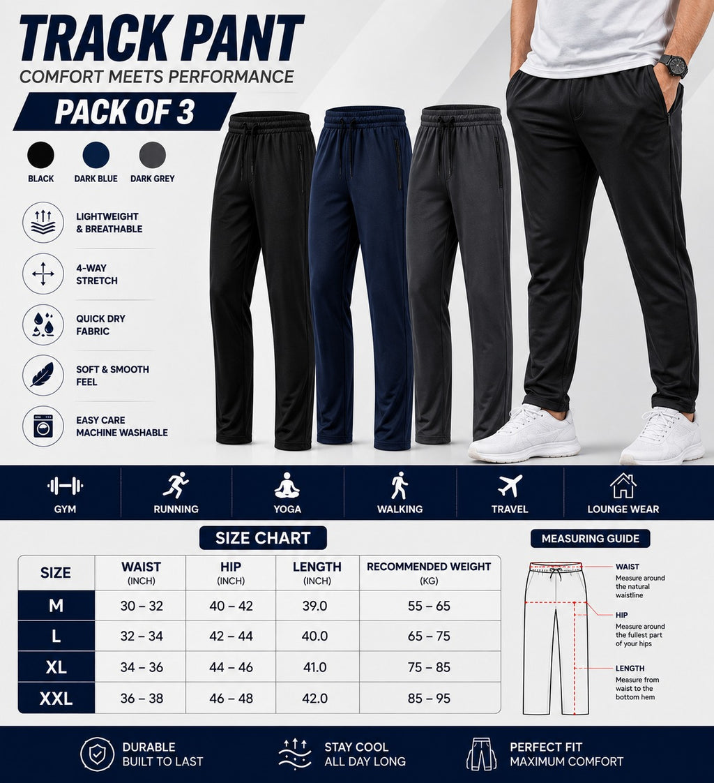 Pack of 3 Offer 😍 Premium Lycra Men's Track Pants | Black, Blue & Grey