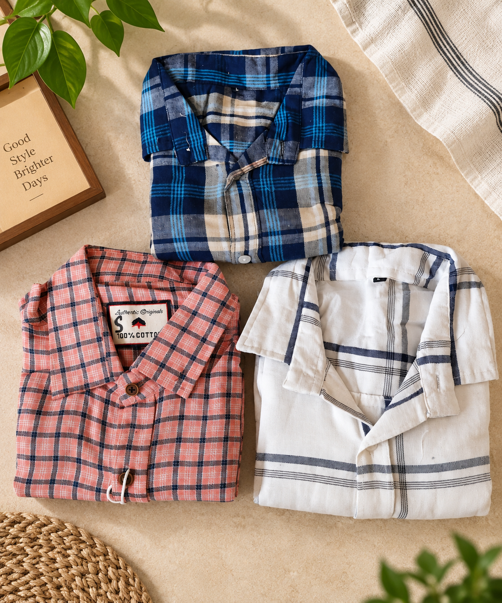 👔 Multicoloured Cotton Checkered Shirts – Pack of 3
