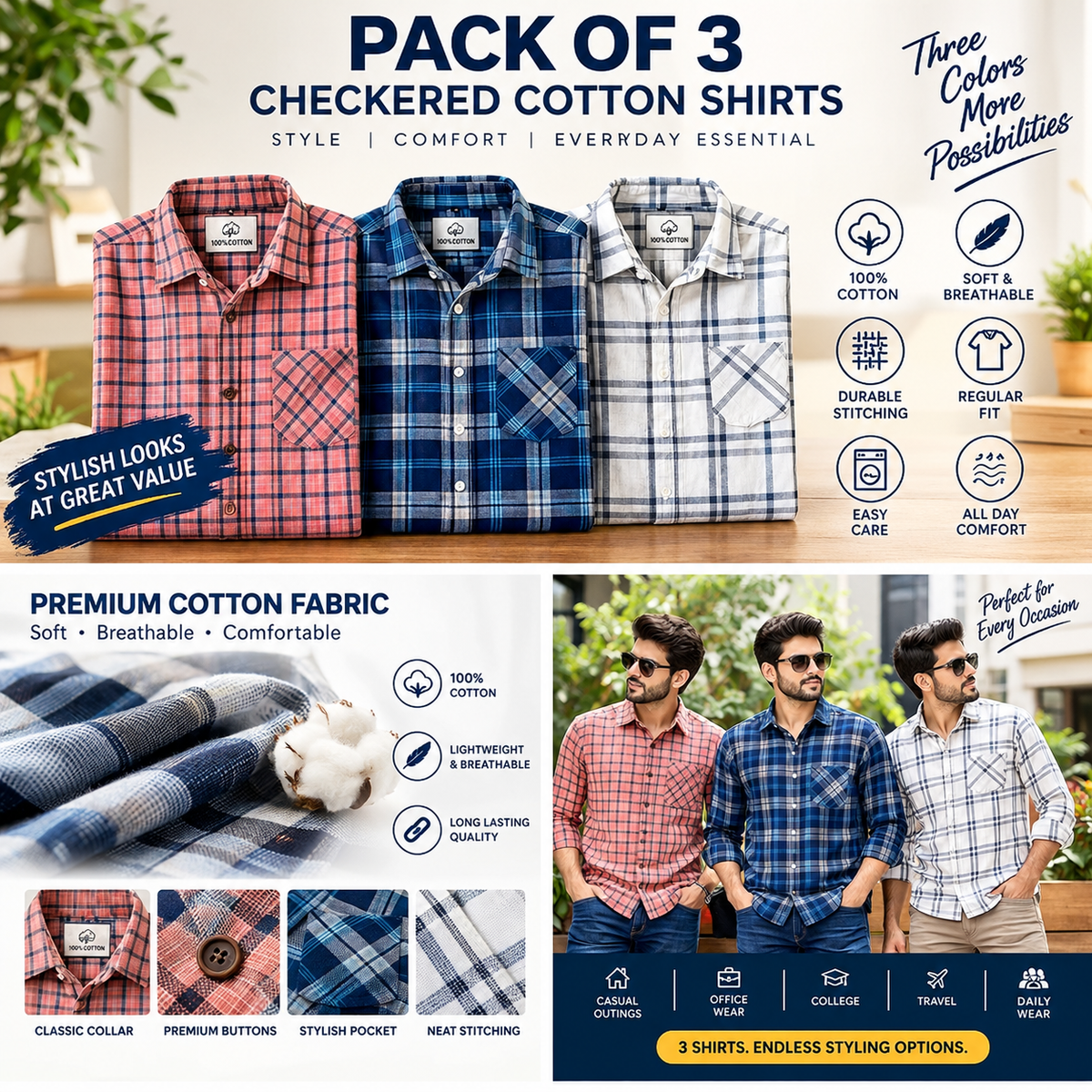 👔 Multicoloured Cotton Checkered Shirts – Pack of 3